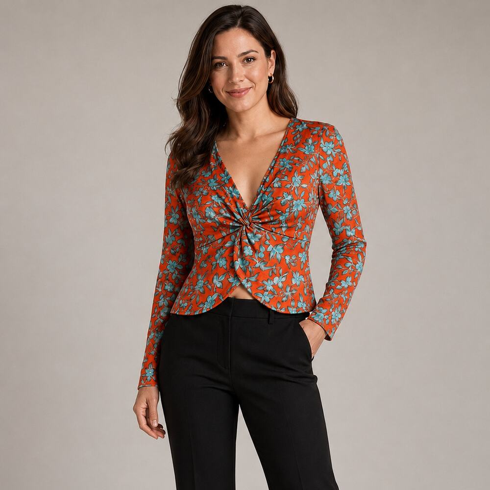 Love Whit Women's L Red Floral Satin Twist Front Crop Top NWT